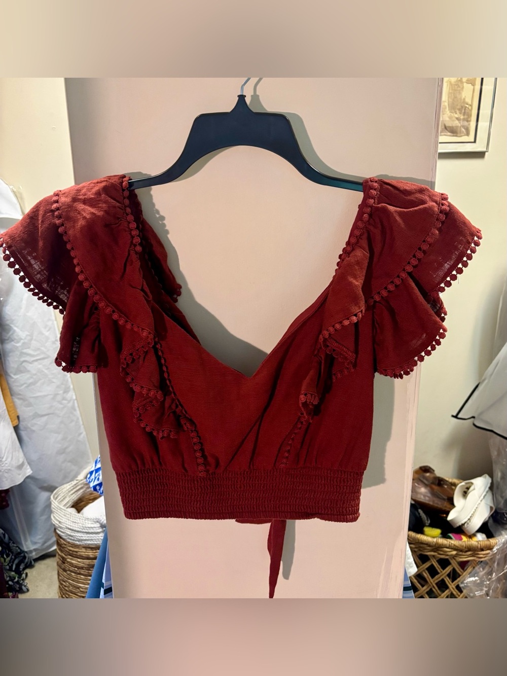 Express Pom-Trim Ruffle V-Neck Crop Top in Burgundy